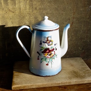 Vintage French Enamel Coffee Pot Blue Enamelware Purple Pansy Floral Coffeepot Graniteware