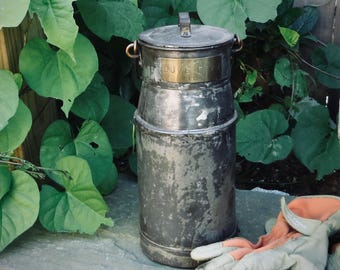 Antique English Tin Dairy Bucket Victorian Milk Pail Rustic Kitchen Storage Pot Jar Advertising Cottagecore Decor