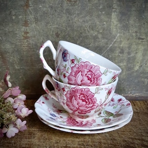 TWO Vintage Tea Cups and Saucers Rose Chintz England Pink and White Teacup Cottagecore
