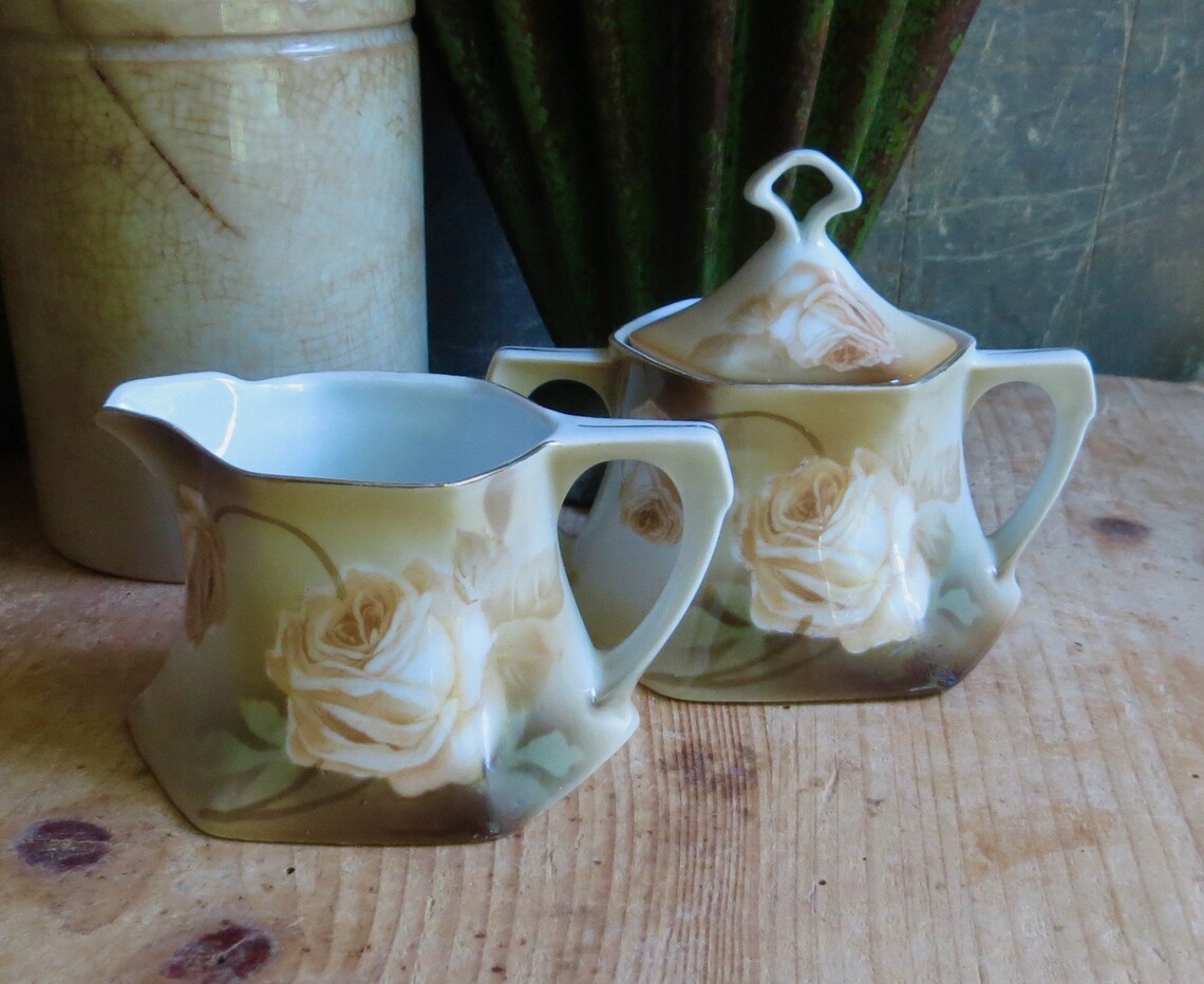 Vintage Roses Sugar Bowl Creamer Set Floral Hand Painted Gold Etsy