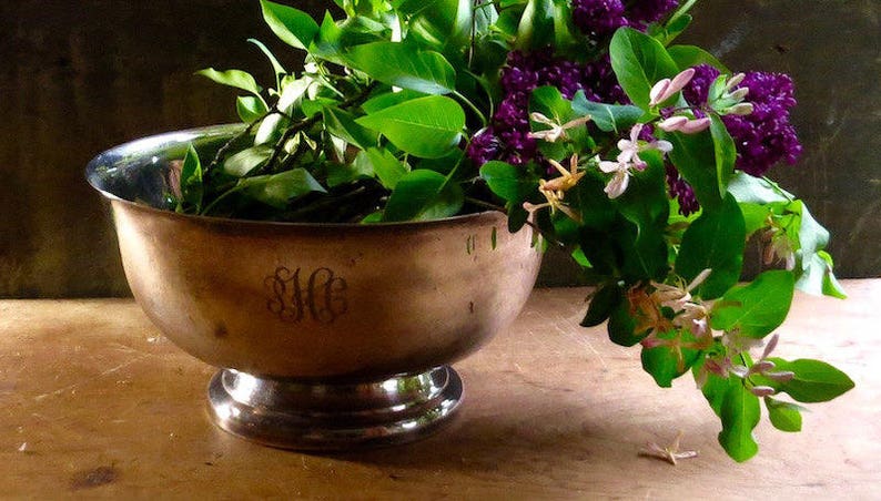 Silverplate Initials Patina Vintage Engraved Silver Serving Dish Cottage Holiday Party Wedding Decor Round Fruit Bowl