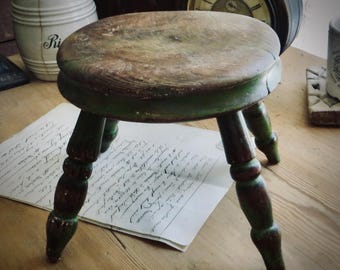 Antique English Stool Wooden Hearth Cricket Seat Primitive Handmade Shabby Farmhouse Cottagecore Decor