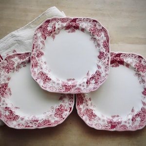 Vintage Red Transferware English Plates Strawberries Set of Three Serving Dishes Transfer Ware Cottagecore Decor