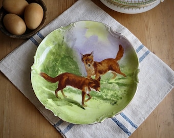 Antique French Cake Plate Dessert Dish Foxes Hand Painted Limoges Cottagecore Decor