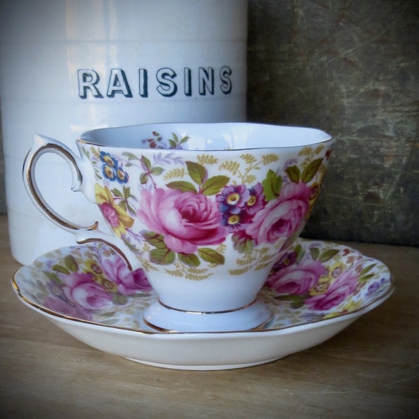 Vintage Pink Roses Tea Cup and Saucer England Royal Albert White Floral Chintz Teacup Serena