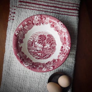 Vintage Red Transferware English Serving Bowl Round Dish Transfer Ware Cottagecore Decor