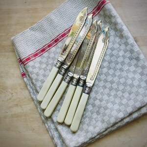 May include: A set of six antique butter knives with ivory-colored handles and ornate silver blades. The knives are arranged on a gray and white checkered linen napkin with a red stripe.