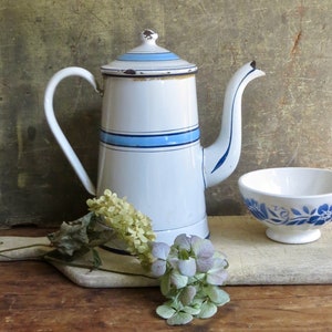 Vintage French Coffee Pot Blue Enamel Enamelware Coffeepot Striped Graniteware Serving