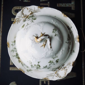 Antique Butter Dish French Limoges Green Floral Hand Painted Wedding Gift Cottagecore Decor