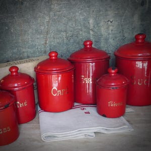 Vintage French Enamel Canisters Red Enamelware Coffee Sugar Pepper Storage Jars Pot Set of Six