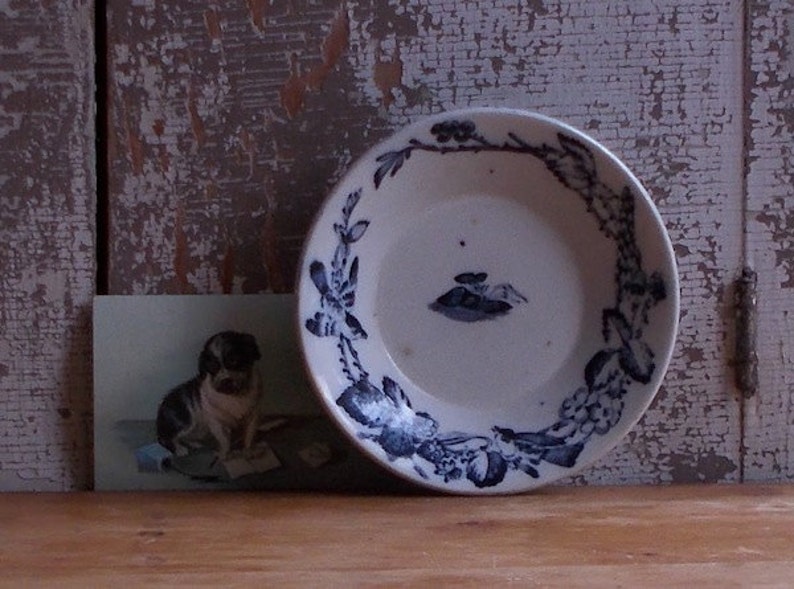 Antique Blue Transferware Dish Ironstone Bowl Blue and White Transfer Ware Cottage Farmhouse Decor Birds and Leaves Berry
