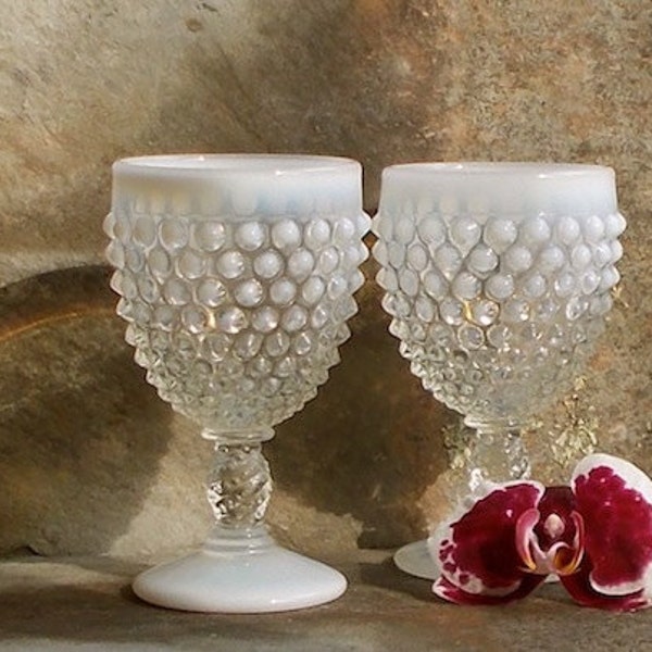 Vintage Hobnail Opalescent Goblets - Fenton Glasses - Pair of Two - Retro Cottage Decor