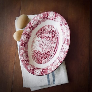 Vintage Red Transferware English Serving Bowl Oval Dish Transfer Ware Cottagecore Decor