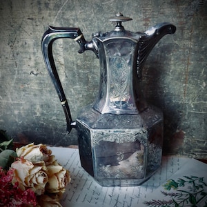 Antique Silver Coffee Pot Engraved Letter F Silverplate Serving Kitchen England Wedding