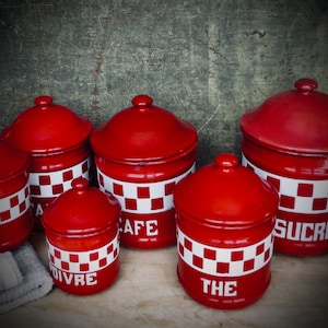 Vintage French Enamel Canisters Red White Enamelware Coffee Sugar Pepper Storage Jars Pot Set