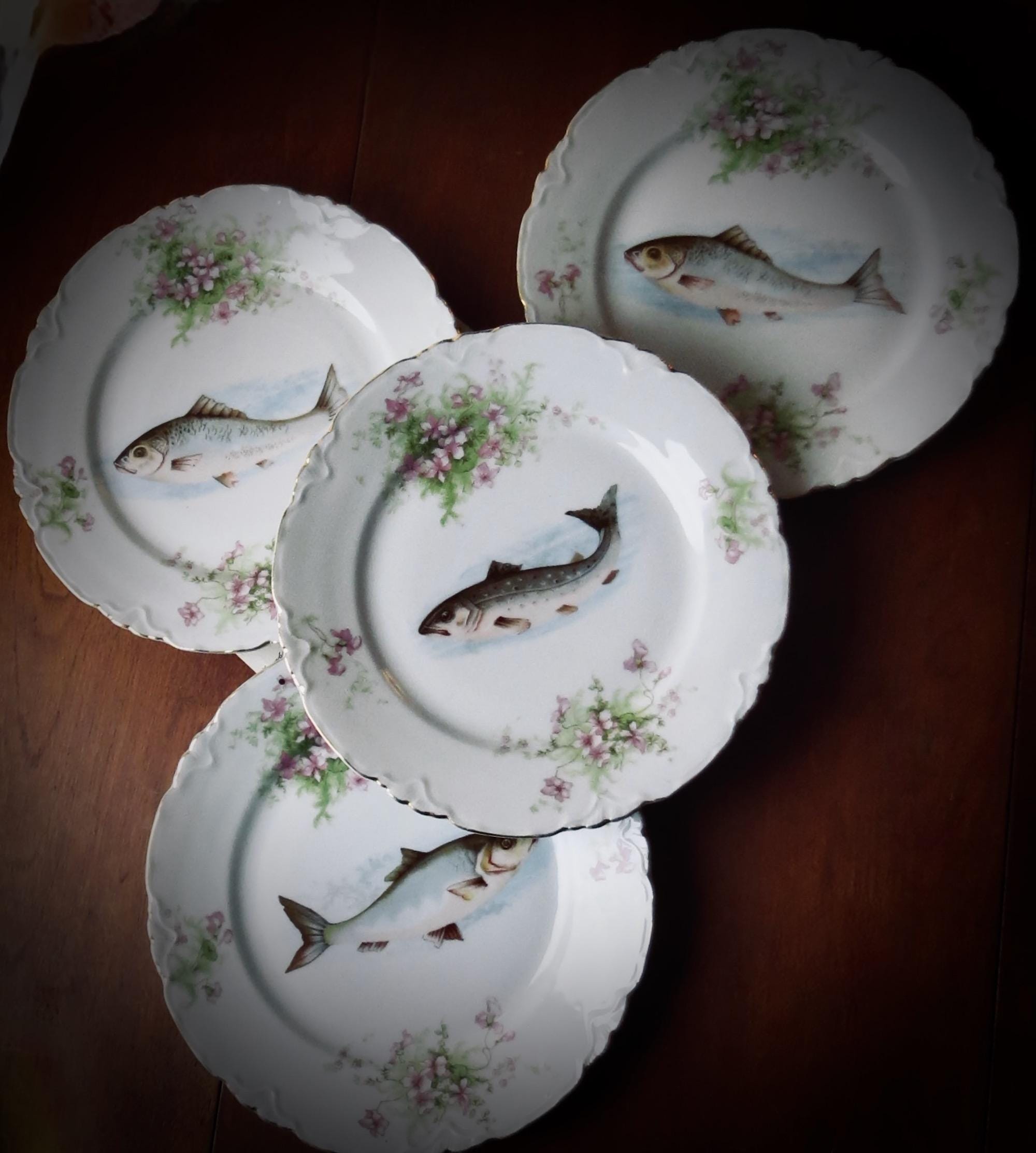 Antique Fish Plates Dessert Dishes Hand Painted Set of Four Wedding Gift Cottagecore Decor Austrian