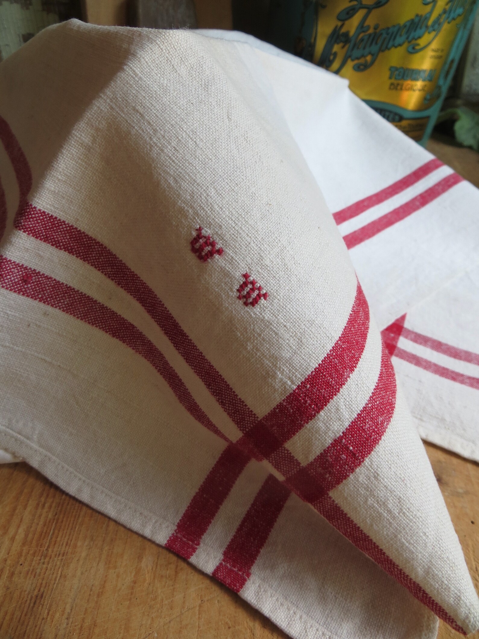 Large Vintage French Dish Towel Kitchen Linen Red Cottagecore Etsy