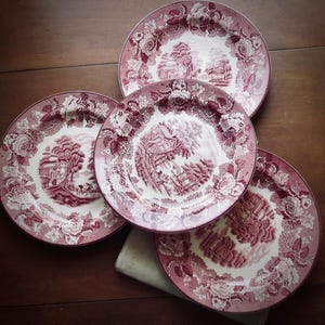 Vintage Red Transferware Plates English Salad Dessert Set of Four Serving Dishes Transfer Ware Cottagecore Decor