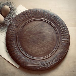 Vintage French Wooden Bread Board: Large Round Carved Serving Tray Farmhouse Decor
