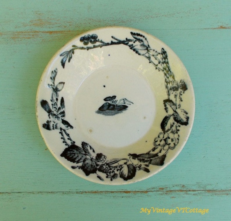Antique Blue Transferware Dish Ironstone Bowl Blue and White Transfer Ware Cottage Farmhouse Decor Birds and Leaves Berry