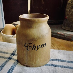 Vintage French Spice Jar Stoneware Canister Thyme Kitchen Utensil Herb Pot Cottagecore Decor
