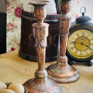 TWO Antique French Copper Candlestick Holder Candle Sticks Large Cottagecore Decor
