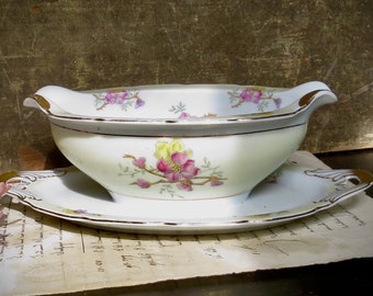 Vintage Serving Dish Gravy Boat Floral Pink Yellow Germany Spring Wedding