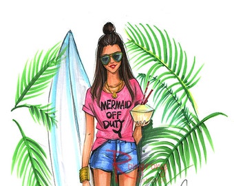 Mermaid illustration,Surfer art,Fashion wall art,Fashion illustration, Chic wall art,Fashion print,Fashion poster,Titled,Mermaid of duty