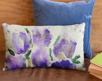 Purple Linen Lumbar Pillow, 12x24 Floral Pillow Cover with Cactus Flower Art, Decorative Back Support, Soft Velvet Cushion Home Accent Gift