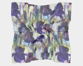 May include: A square silk scarf with a watercolor-style print of purple irises on a light blue and green background.