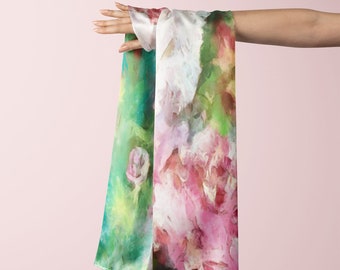 Long Floral Scarf with Pink Flowers Art, Silk Scarf Gift for Mom, Spring Fashion Accent Purse Scarf with Flowers Pink Green Summer Scarf
