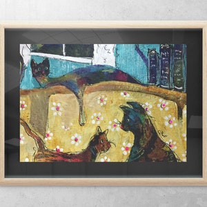 Cats Art Print 11 x 14 Whimsical Folk Art Painting Portrait of Cats, Animal Art, Gift for Cat Lover, Small Art by Claire Bull, Watercolor