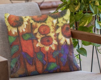 Sunflowers Throw Pillow, Large Decorative Floral Pillow Cover with Sunflower Art, Fall Farmhouse Decor, Gift for Gardener, Unique Cushions