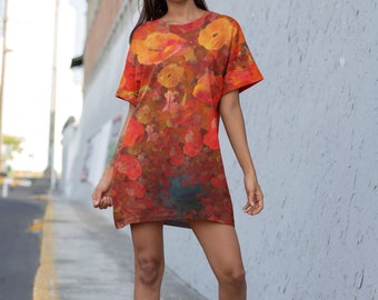 Oversized Floral T-Shirt with Red Orange Poppy Flowers Art, Comfortable Soft Light Tee, Plus Size Sleep Shirt Women, Travel Top Casual Wear