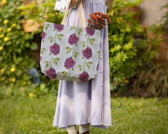Lined Cotton Canvas Tote Bag with Pockets and Roses for Travel, Bridesmaid Gifts, Outdoor Wedding Fashion Tote, Summer Festival Bag Women