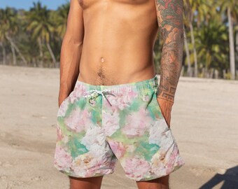 Men Swim Trunks Board Shorts with Floral Pattern for Beach, Travel, Summer Sports, Men's Brief Pink Green Pastel Colors Size XS to 3XL