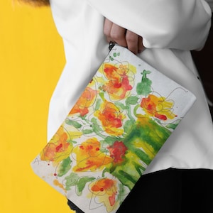 Trousse de projet à tricoter aquarelle florale, trousse au crochet ou à maquillage avec tirette en option, fond large 10 po. ou 12 po.