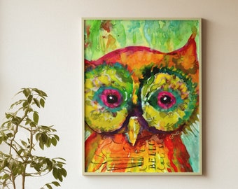 Impresión artística de acuarela de búho: pintura de pájaro caprichosa con colores vibrantes de la artista canadiense Claire Bull