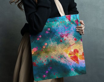 Tote Bag with Colorful Art Fantasy Painting of Woman on Tote Bag Simple Carryall in Teal Blue, Red Orange, Unique Gift Art by Claire Bull