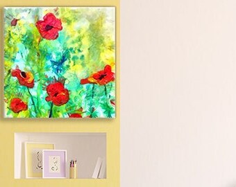 Poppy Flowers Square Art Print, Floral Art Illustration, Colorful Art Flower Painting Poppies, Art Prints Gifts for Mother, Sister Gift