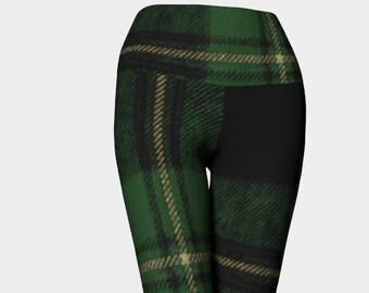 Green Tartan Yoga Leggings in Compression Fabric, High Waist, Reinforced Waistband, Dance Tights for Women, Scottish Plaid Leggings for Her