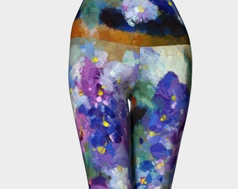 Floral Yoga Leggings with Victorian Purple Violet Flowers Art, Leggings for Women, Exercise Workout Tights Gift for Her, Art by Claire Bull