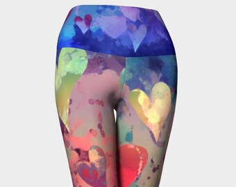 Gym Workout Pant with Hearts in Soft Rainbow Colors, Fitness Leggings, Colorful Yoga Tights, Hippie Clothes, Summer Festival Wear for Women