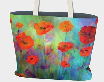 Extra Large Canvas Tote Bag with Poppy Flowers, Cute Beach Bag, Big Shopping Tote Gift for Mother, Floral Gym Bag with Zipper and Pockets