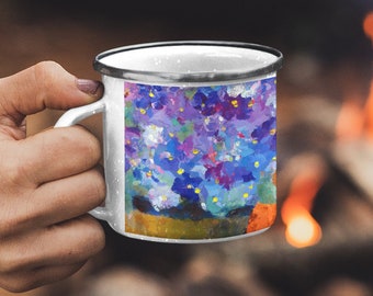 Floral Enamel Mug 12 oz Camping Mug with Spring Violet Flowers, Nature Lover Gift, Stainless Steel Cup for Soup, Outdoor Hiking Gift for Mom