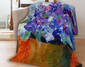 Sherpa Blanket with Violet Flowers, Large Floral Blanket, 60 x 80, Soft Throw, Daughter Bedroom, Purple Blue Fleece Blanket, Throw Blanket