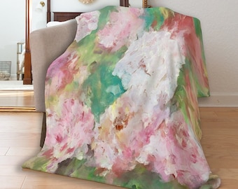 Pink Sherpa Fleece Blanket with Peony Flowers, Large Floral Blanket 60 x 80 inch, Soft Cuddle Blanket for Chemo, Mother's Day Gift Daughter