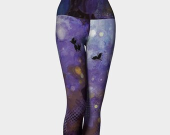 Yoga Pants for Women, Purple Workout Legging with Moon and Sky, Black Birds, Gothic Art, Reinforced Waist, Custom Leggings Fit Like a Glove