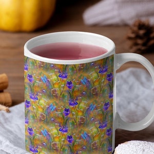 Floral Coffee Mug Iris Flowers, Gift for Mother, Butterfly Mugs, Gift for Gardener, Flower Lover Mug, Art Mug for Mom, Wildflowers