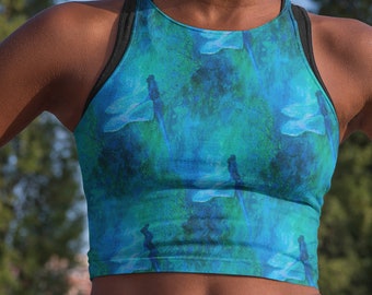 Blue Dragonfly Workout Bra, Crop Top Sports Bra, Athletic Fitness Top, Summer Workout Exercise Top with Insect Art, Tank Top Women Swim Wear